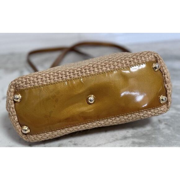 Auth Vintage Bottega Veneta Raffia Woven Beige Gold Patent Leather Shoulder Bag - Picture 9 of 16